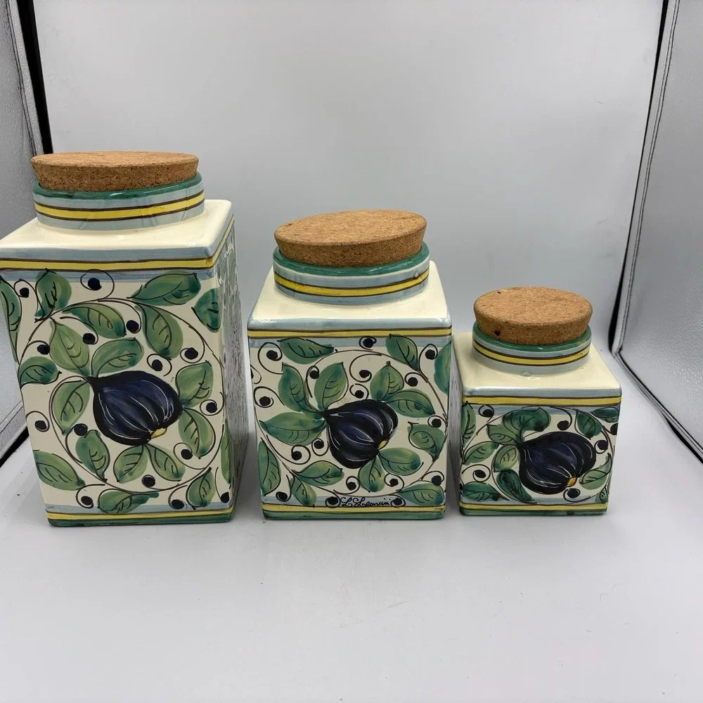 Leoncini‎ Italy Hand Painted Ceramic Canister Set San Gimignano Fruit Cork Lid